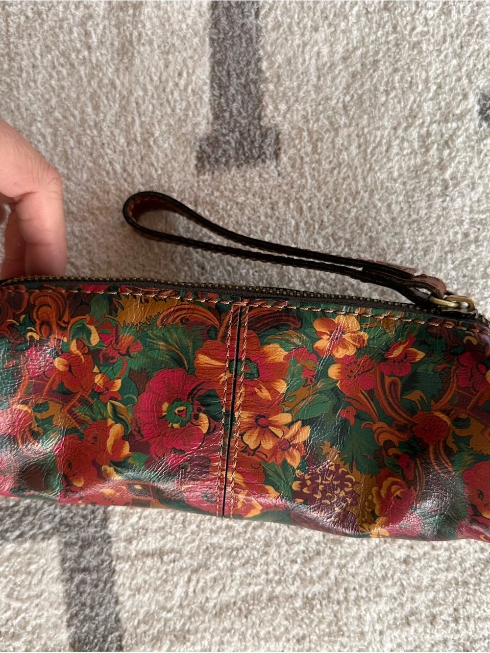 Patricia Nash Floral Leather Wristlet in Red, Green, Brown, Gold